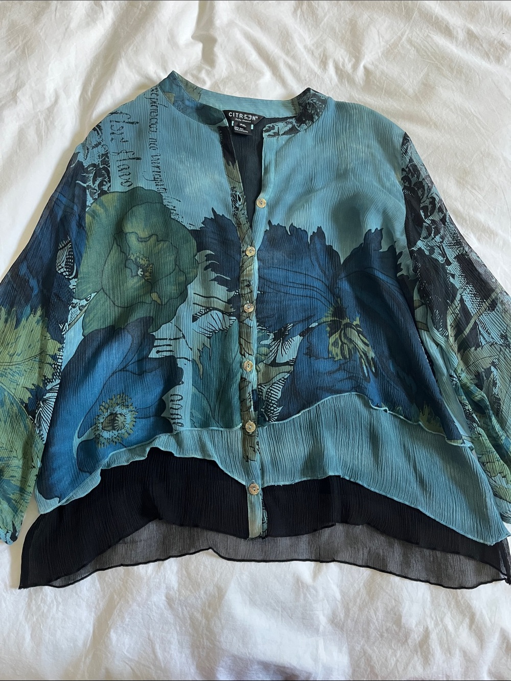 Citron Santa Monica 100% silk petite XL button up blouse floral watercolor print